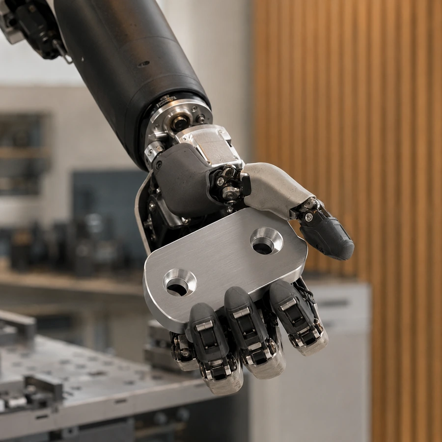 Close-up einer Roboterhand, die ein einzelnes Bauteil hält
