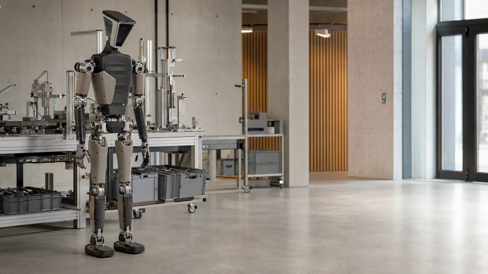 Schlanker humanoider Roboter im Stil von Tesla Optimus vor einer Fertigungshalle im Fabrik-Kontext