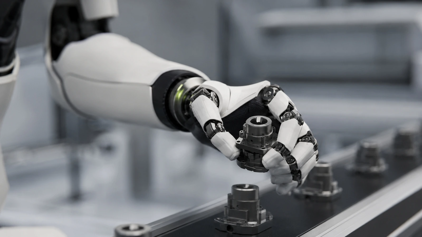 Nahaufnahme einer Roboterhand, die ein Bauteil vom Förderband greift, mit feinem Lime-Reflex am Gelenk