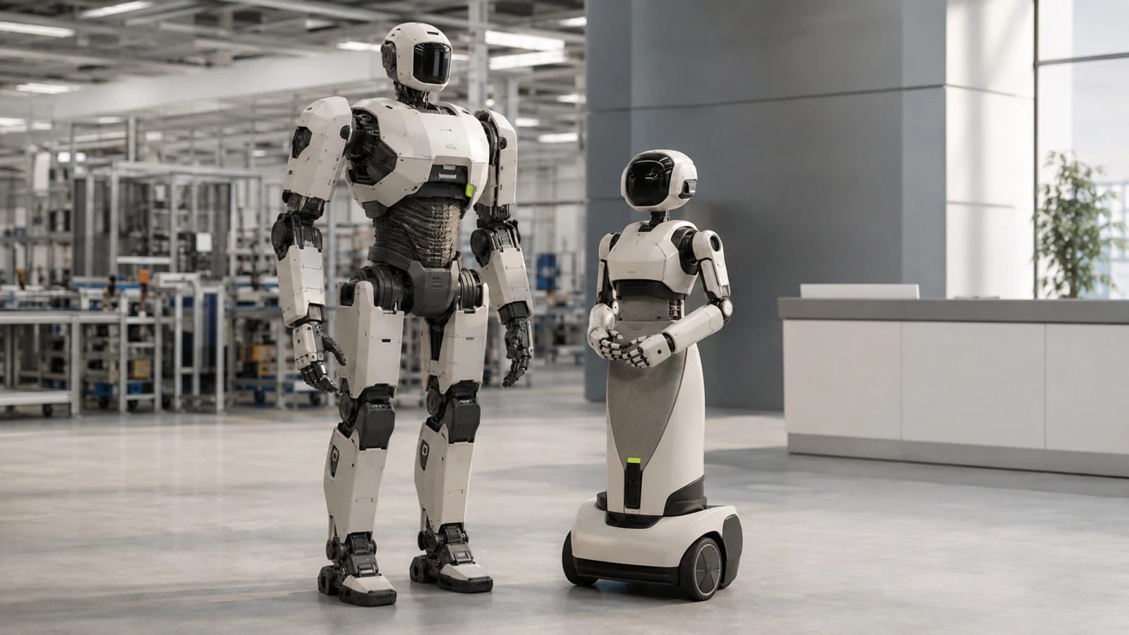 Großer Arbeits-Humanoid neben einem kleineren, freundlichen Assistenzroboter im UBTech-Vergleich