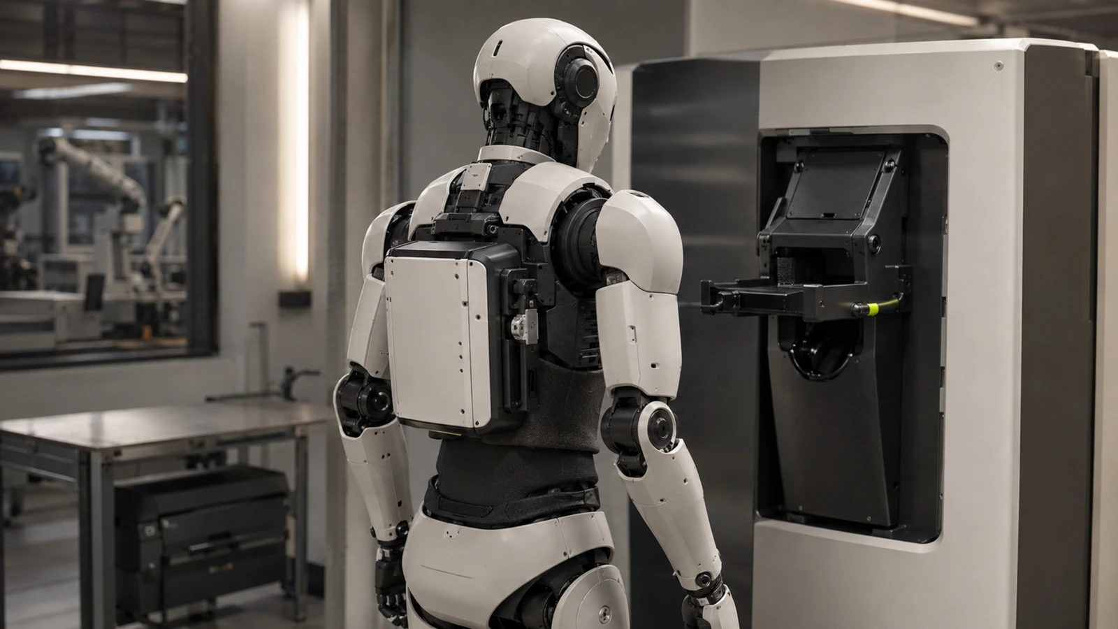 Humanoider Roboter an einer Ladestation mit angedeutetem Wechsel-Akku im Rücken für den Dauerbetrieb