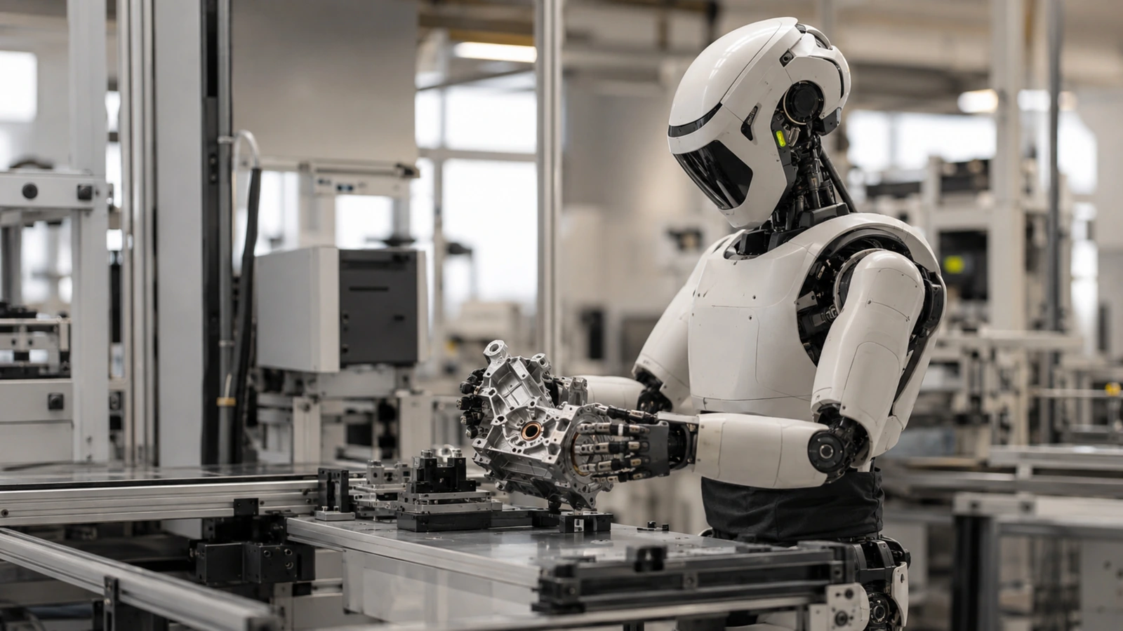 Generischer Arbeits-Humanoid im Stil eines UBTech-Fabrikroboters bearbeitet ein Bauteil an einer hellen Montagestation