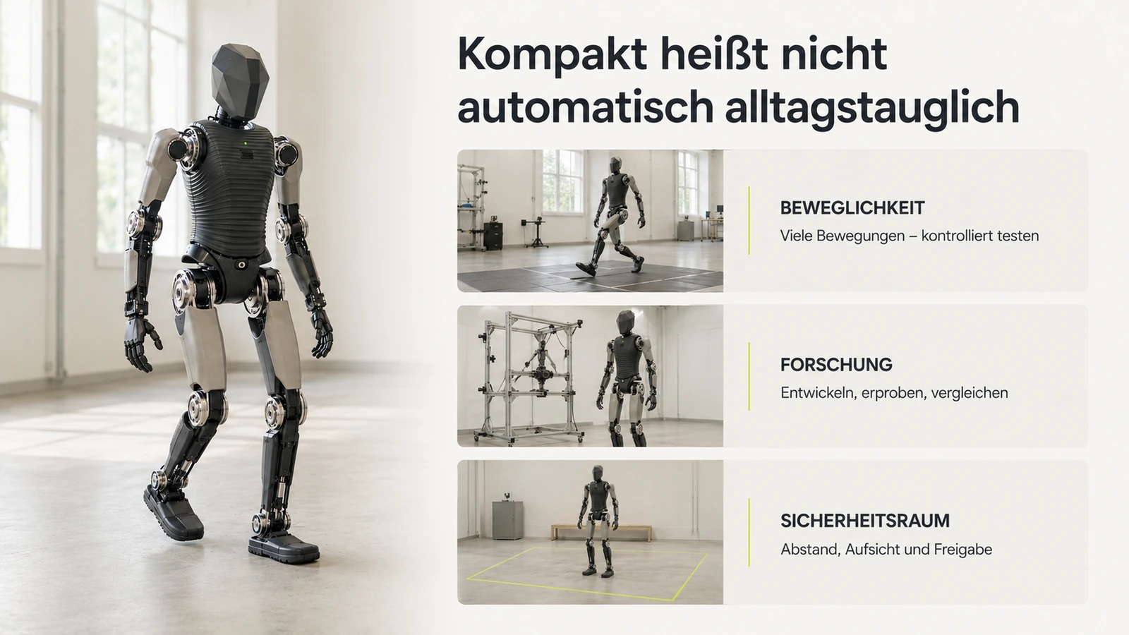 Unitree-G1-artiger Roboter macht einen Schritt, leichte Bewegungsunschärfe zeigt Balance