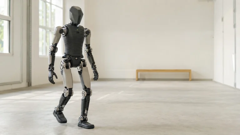 Kompakter, agiler Humanoid im Stil des Unitree G1 in stabiler Standpose, erschwinglich wirkend