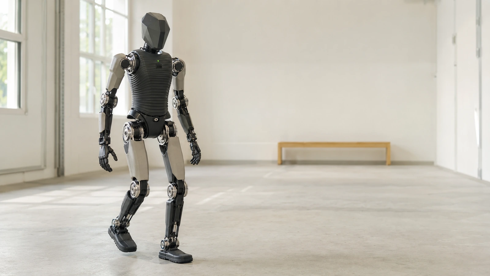 Kompakter, agiler Humanoid im Stil des Unitree G1 in stabiler Standpose, erschwinglich wirkend