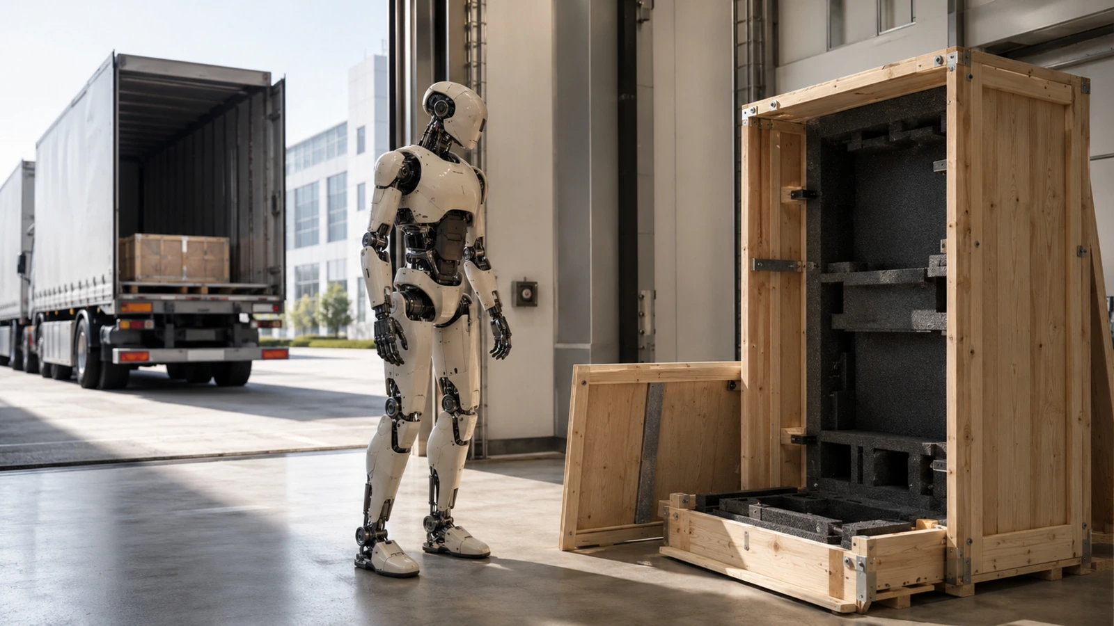 Humanoider Roboter steht neben einer offenen Holz-Transportkiste in einer hellen Halle vor dem Import