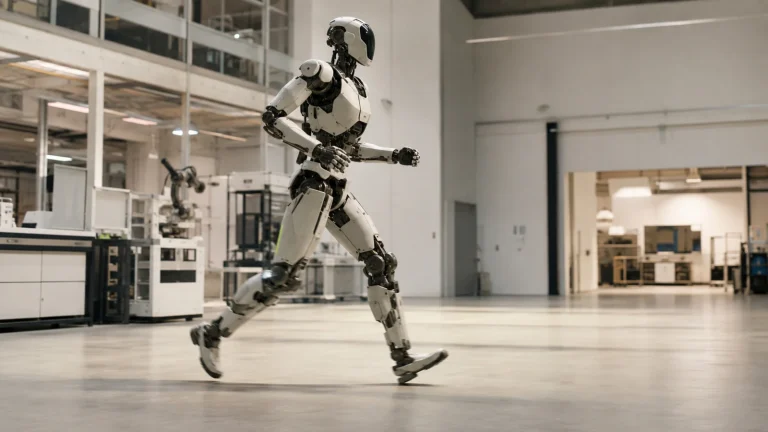 Großer, agiler humanoider Roboter im Stil des Unitree H1 in flüssiger Laufbewegung durch einen hellen Innenraum