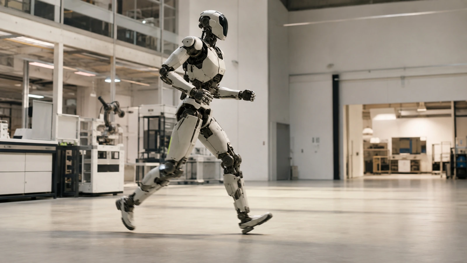 Großer, agiler humanoider Roboter im Stil des Unitree H1 in flüssiger Laufbewegung durch einen hellen Innenraum