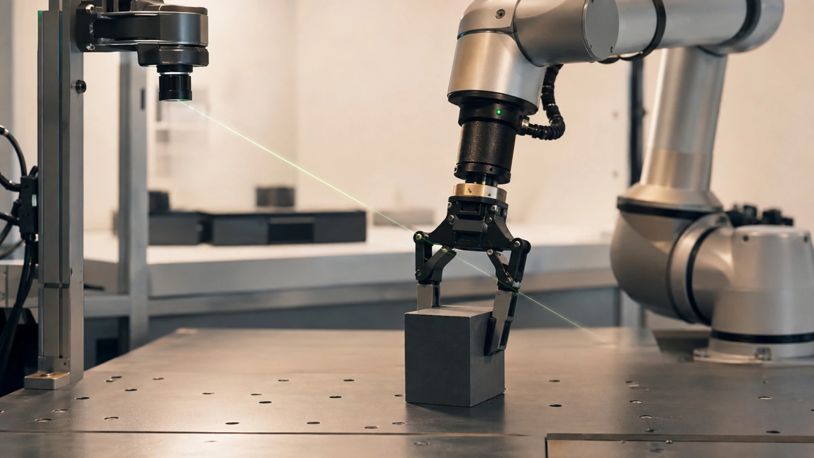 Generischer Roboterarm greift geführt ein Objekt, ein feiner Lichtpfad deutet die VLA-Steuerung an