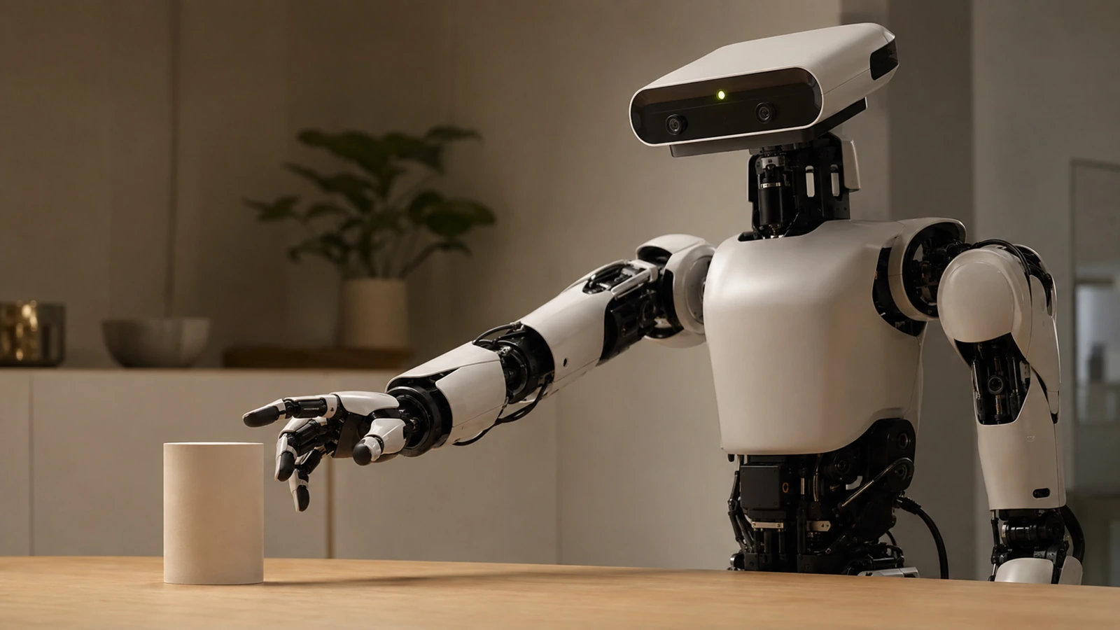 Generischer Roboter betrachtet ein Objekt auf dem Tisch und greift danach, sichtbare Kette aus Sehen und Handeln bei VLA-Modellen