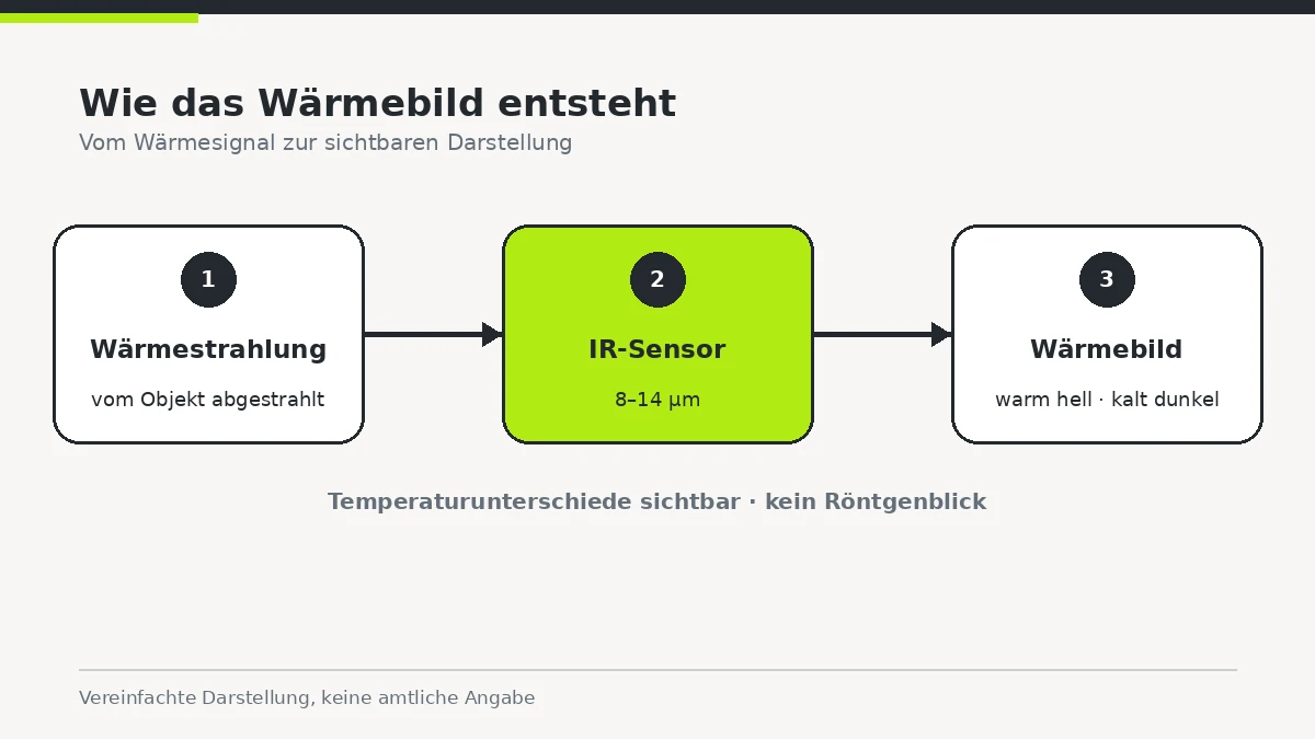 Ablauf-Schema von abgestrahlter Wärme über die Infrarotkamera bis zum fertigen Wärmebild.