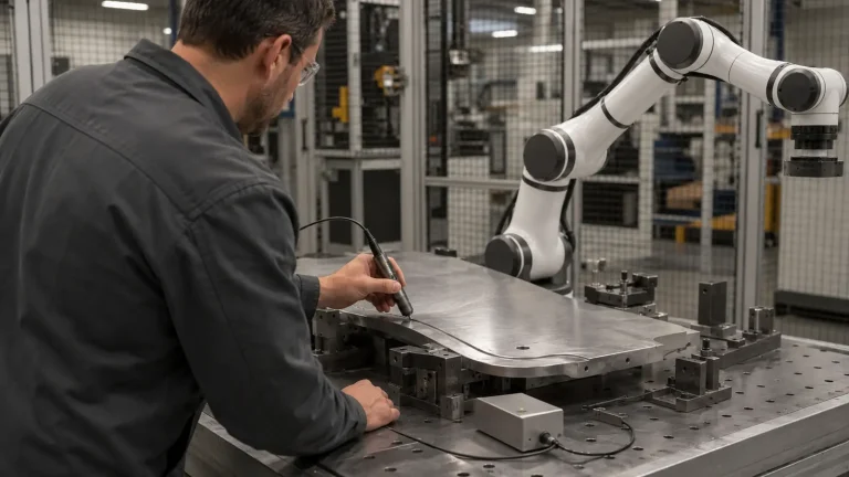 Person lernt einen Industrieroboter mit einem Handgeraet an