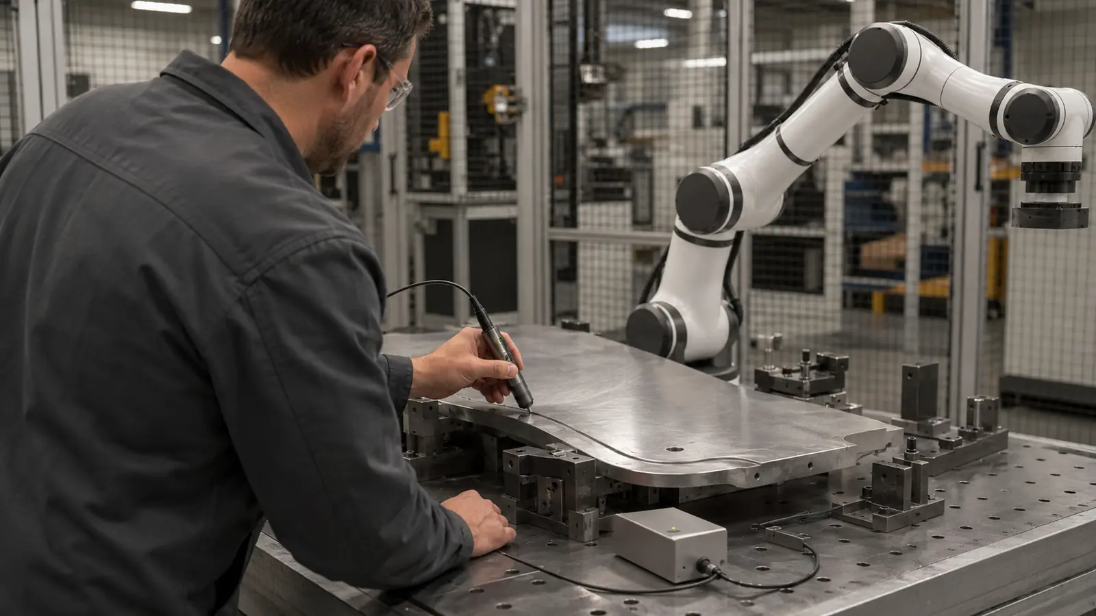 Person lernt einen Industrieroboter mit einem Handgeraet an
