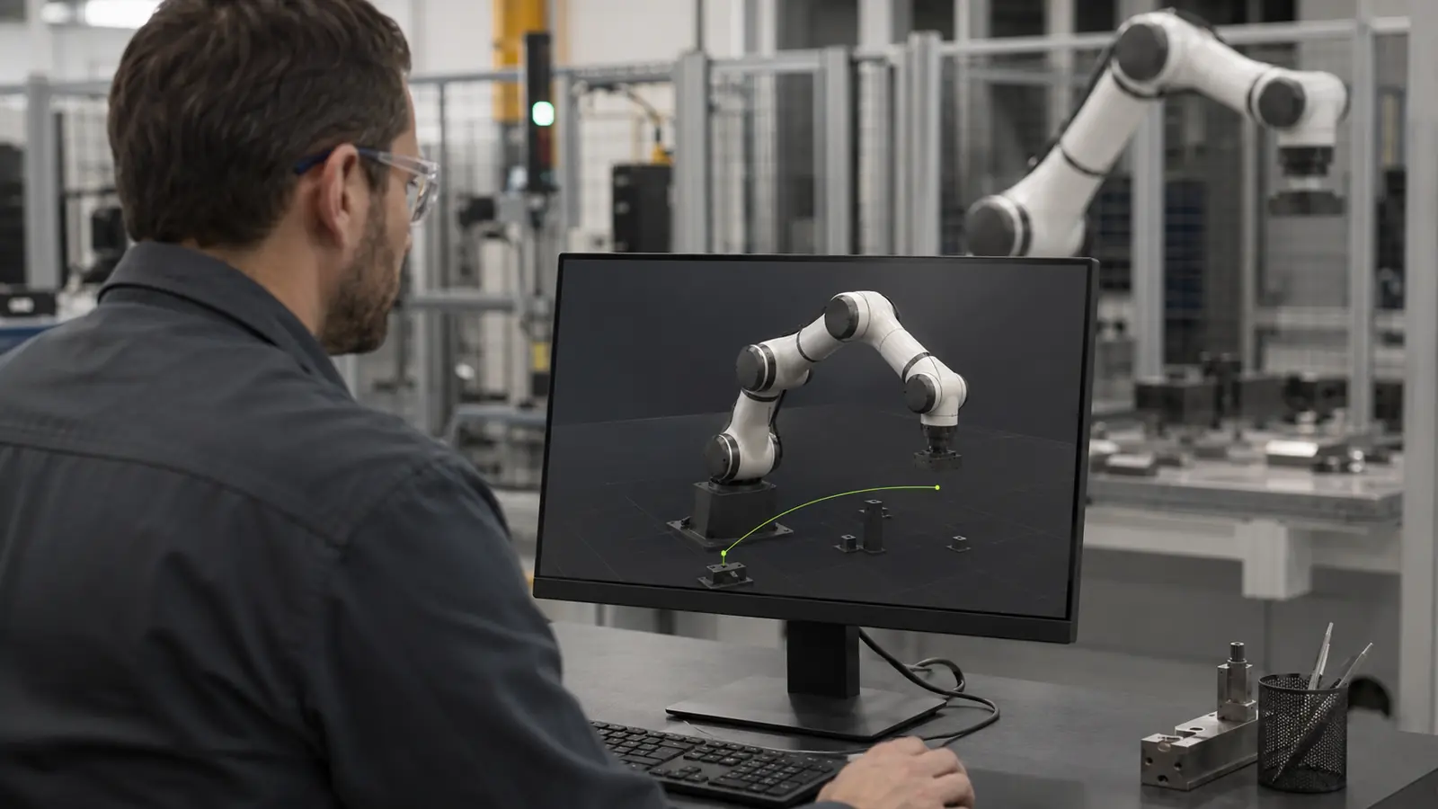 Ingenieur betrachtet die Bewegungssimulation eines Roboters auf einem Monitor in der Fertigung