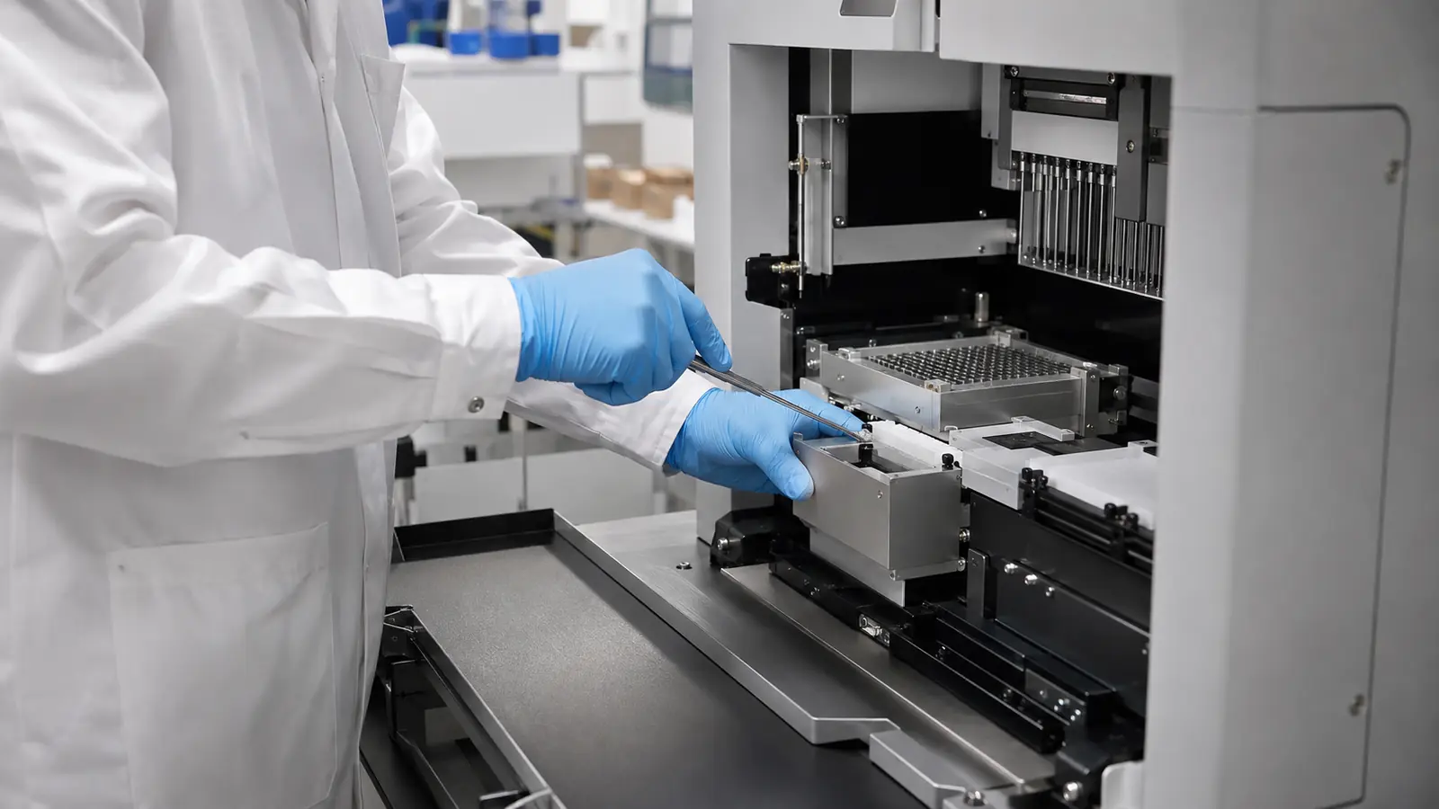 Laborfachkraft wartet ein geöffnetes Liquid-Handling-System
