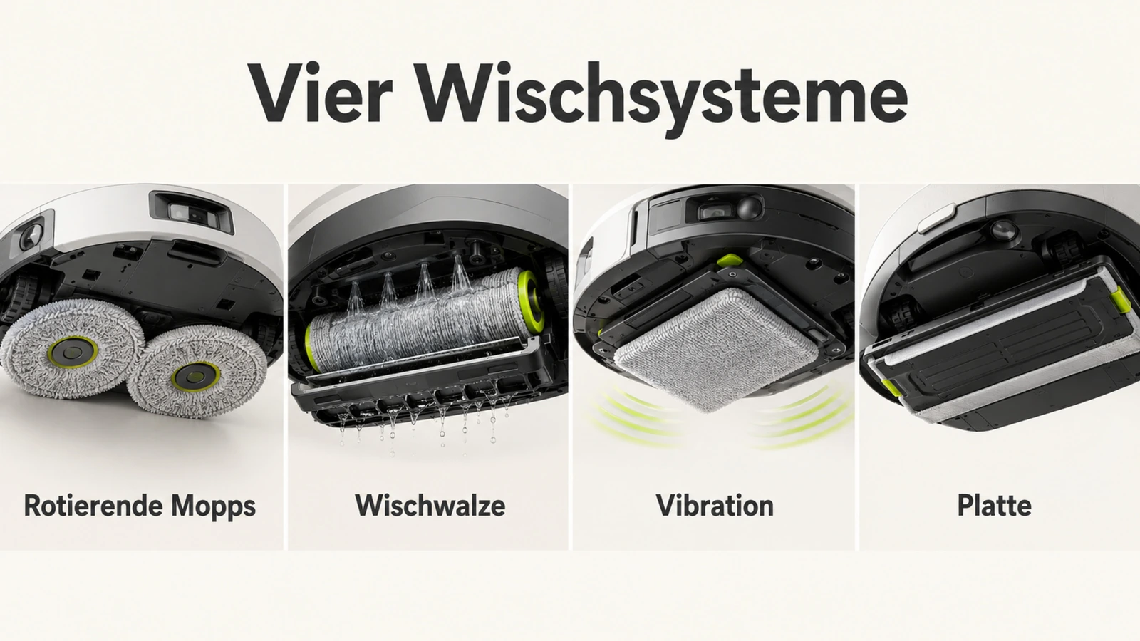 Infografik: vier Wischsysteme mit rotierenden Mopps, Wischwalze, Vibration und Wischplatte