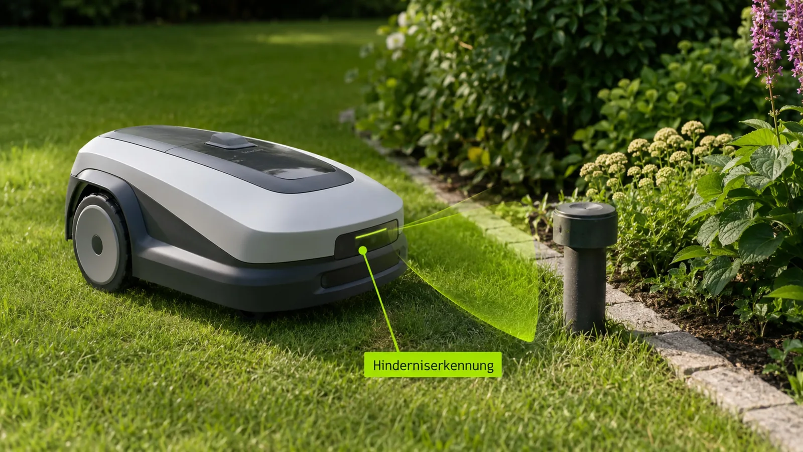 Mähroboter mit angedeutetem Sensor-Modul vorne zur Hinderniserkennung