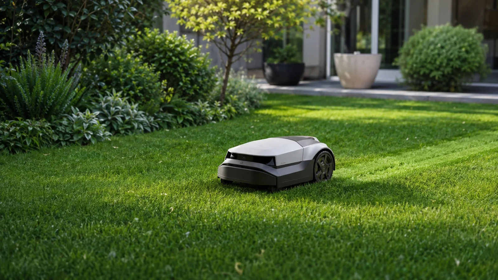 Mähroboter zieht eine Bahn über den Rasen bei ruhigem Tageslicht