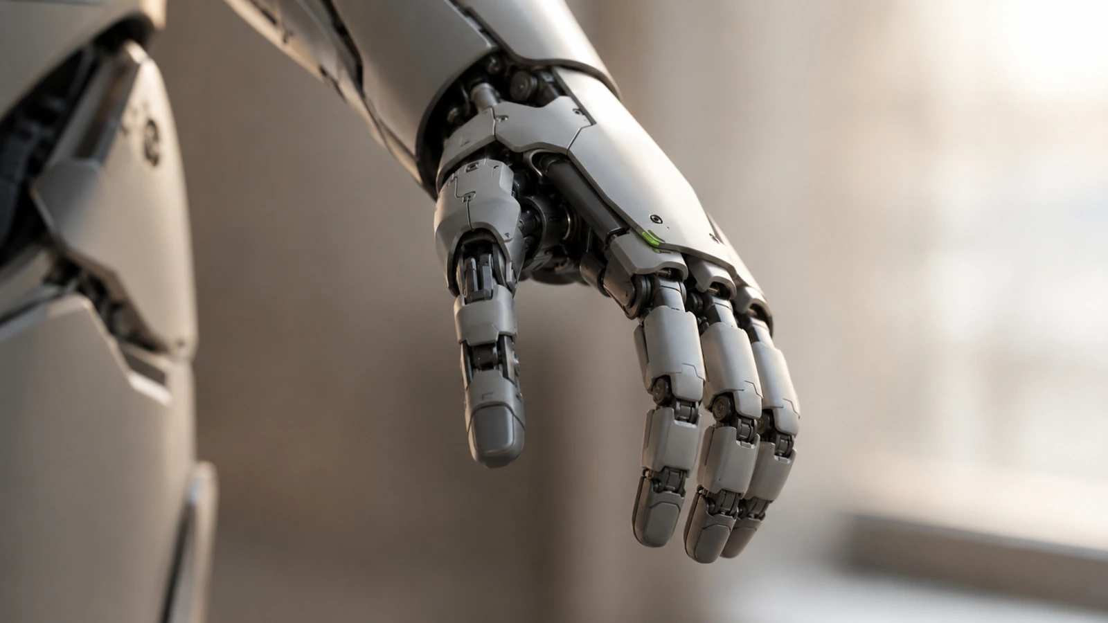 Nahaufnahme einer Roboterhand mit feiner Fingermechanik in natürlicher, menschenähnlicher Haltung