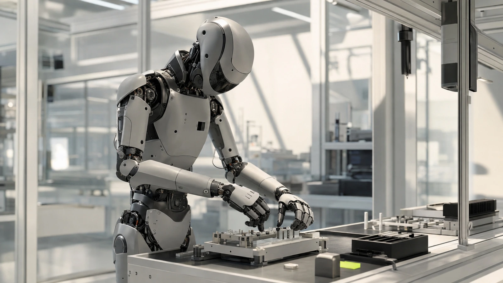 Humanoider Roboter arbeitet an einer leichten Montagestation in einem modernen, hellen Werk