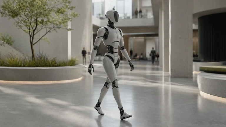 Besonders schlanker, menschenähnlicher Roboter im Stil des XPeng Iron geht mit natürlichem Gang durch ein helles Atrium