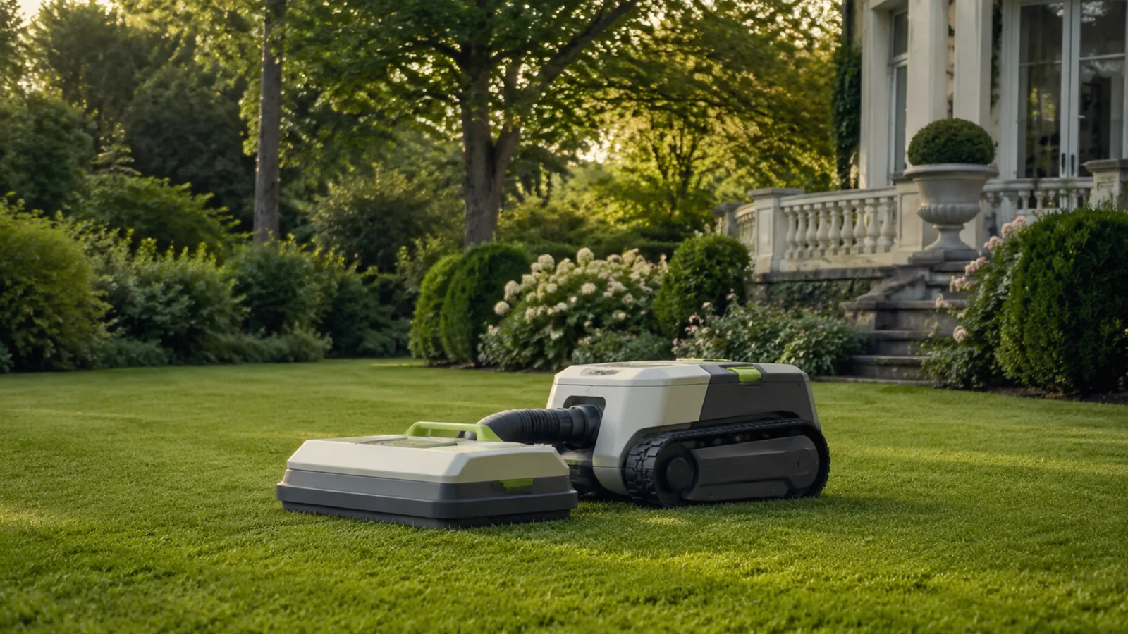 Modularer Gartenroboter mit Antriebseinheit und Aufsatz auf einem großen Rasen