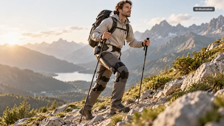 Wanderer mit Bein-Exoskelett und Wanderstöcken auf einem ansteigenden Bergpfad im Morgenlicht.