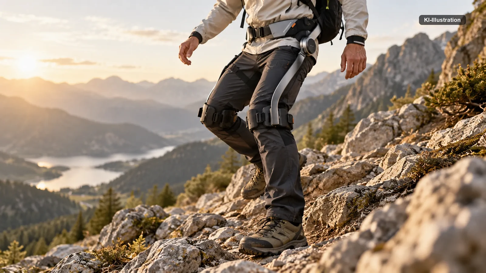 Nahaufnahme der Beine eines Wanderers mit Bein-Exoskelett beim Abstieg über Felsstufen.