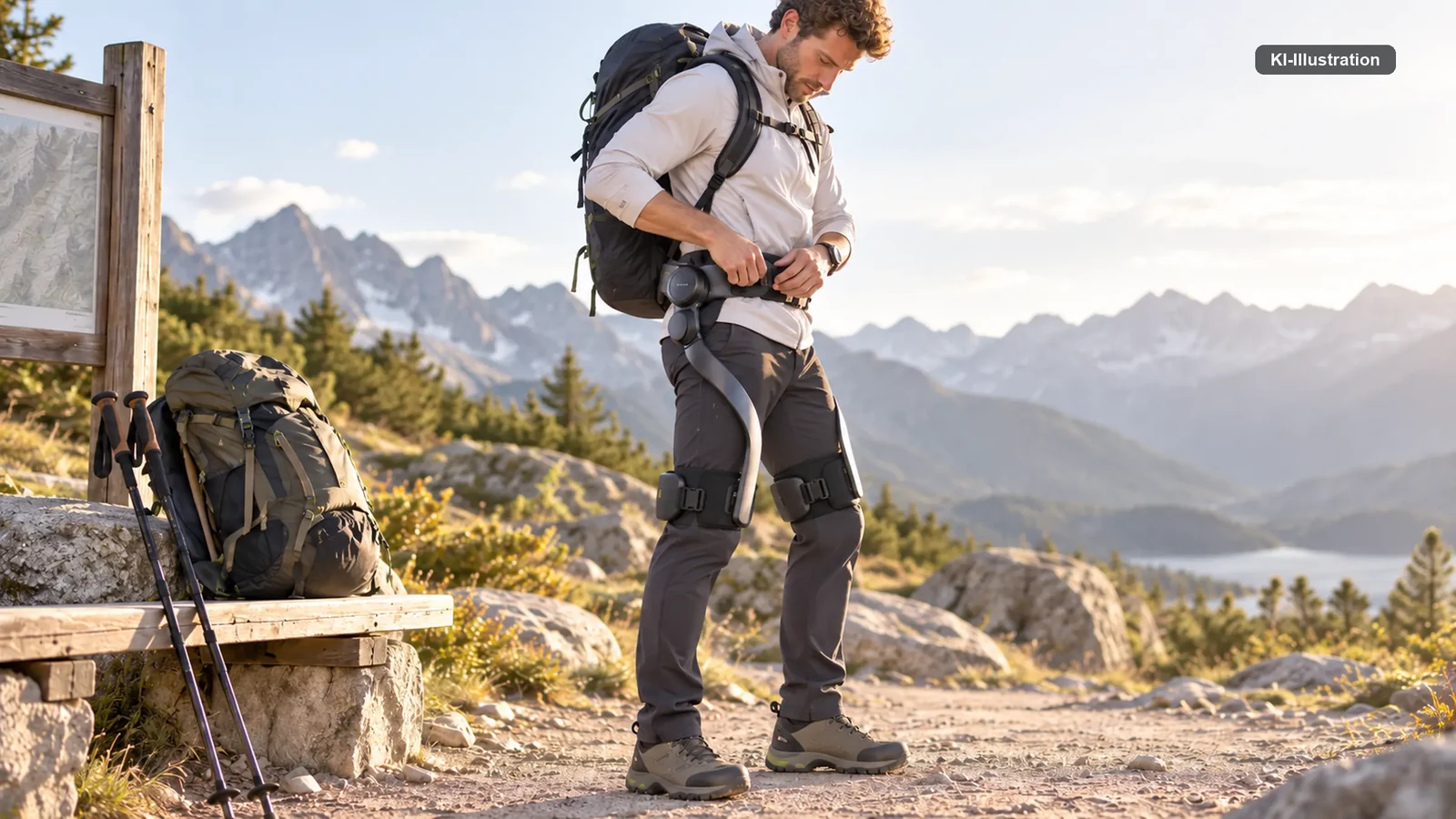 Wanderer richtet an einem Rastplatz im Gebirge den Hüftgurt seines Bein-Exoskeletts.