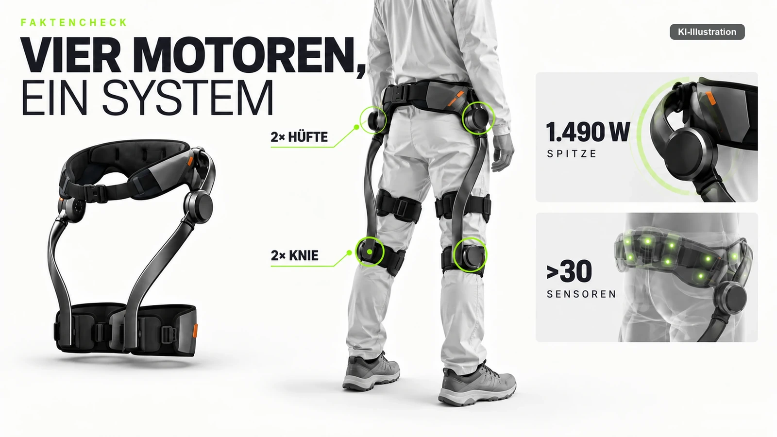 Illustration eines Bein-Exoskeletts mit markierten Antrieben an beiden Hüft- und beiden Kniegelenken, daneben Angaben zu Spitzenleistung und Sensorzahl.