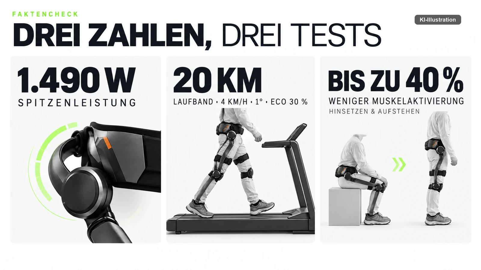 Drei Kacheln mit Spitzenleistung, Laufbandreichweite samt Messbedingungen und der Angabe zur Muskelaktivierung beim Hinsetzen und Aufstehen.