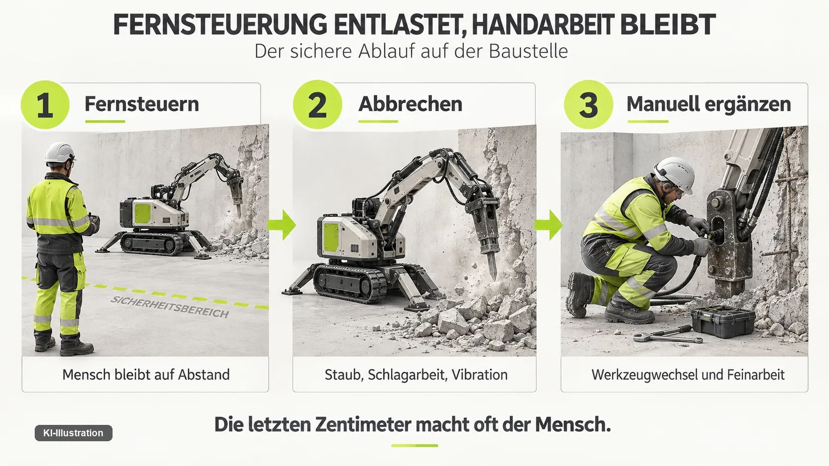 Drei Schritte auf der Baustelle: Fernsteuern mit Abstand, maschinelles Abbrechen, manueller Werkzeugwechsel und Feinarbeit.