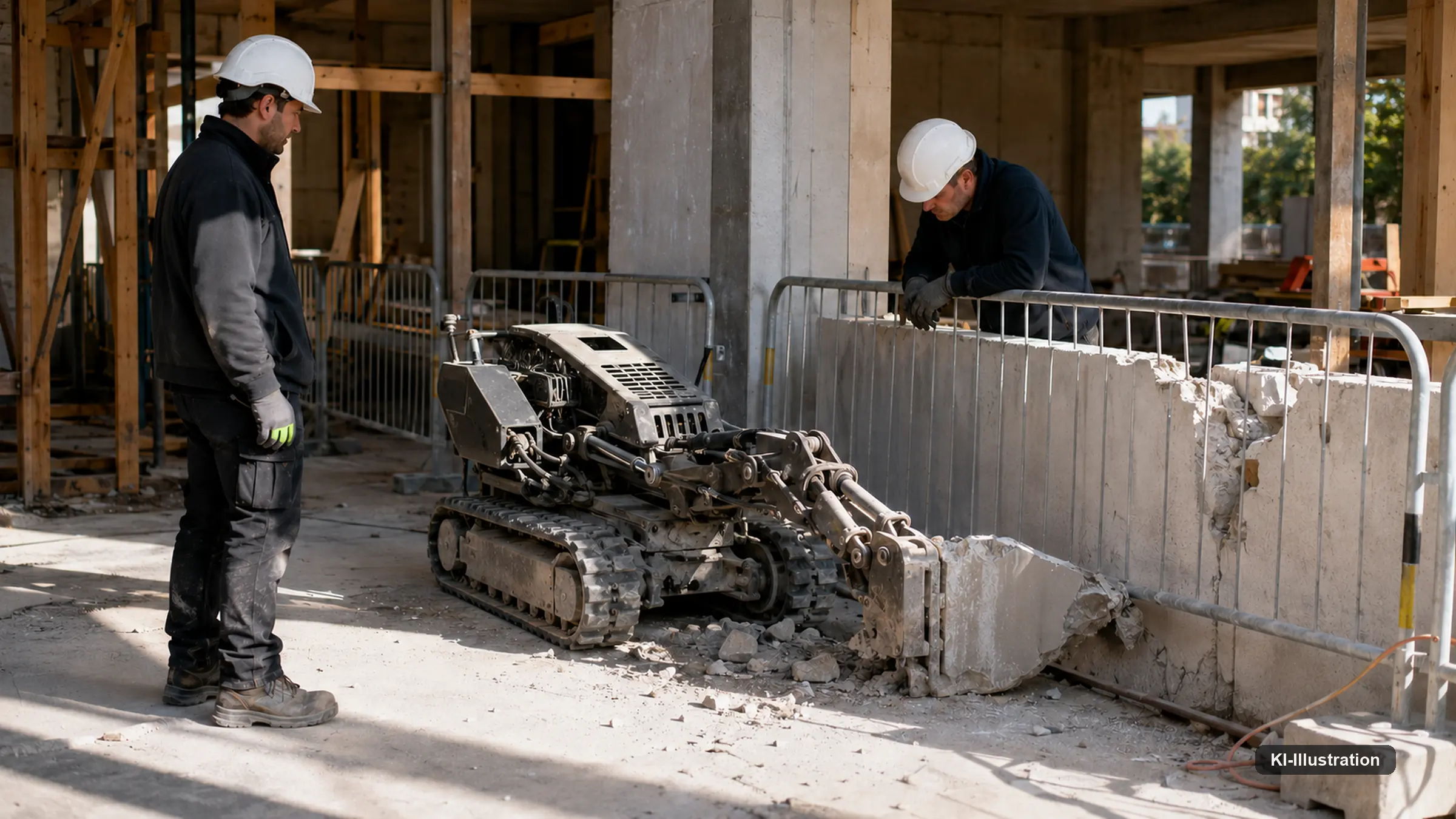 Auf einer Rohbaustelle steht ein Abbruchroboter auf Ketten vor einer beschädigten Betonwand; ein Bauarbeiter beobachtet ihn, ein zweiter stützt sich auf das Absperrgitter.