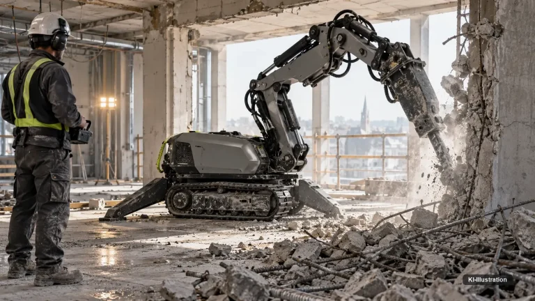 Ferngesteuerte Abbruchmaschine mit Hydraulikhammer auf einer offenen Geschossdecke, Stützen ausgefahren; der Bediener steht mit dem Funkpult auf Abstand.