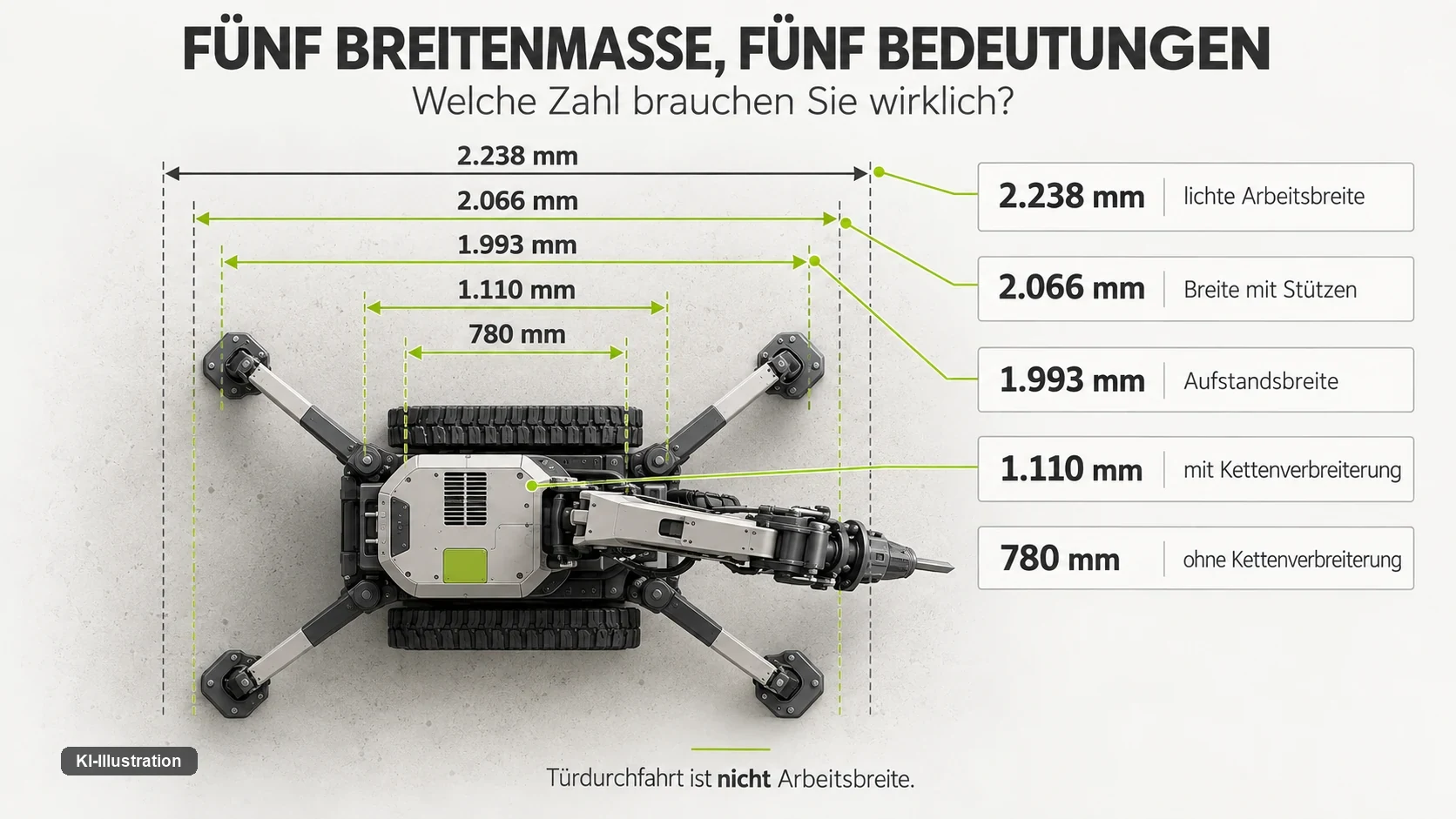 Fünf Breitenmaße einer ferngesteuerten Abbruchmaschine: 780 und 1.110 Millimeter Fahrbreite, 1.993 Aufstandsbreite, 2.066 mit Stützen, 2.238 lichte Arbeitsbreite.
