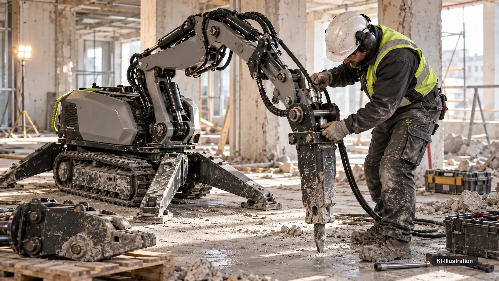 Werkzeugwechsel an einer ferngesteuerten Abbruchmaschine: Keil wird mit dem Hammer gesichert, zwei Hydraulikschläuche gekuppelt