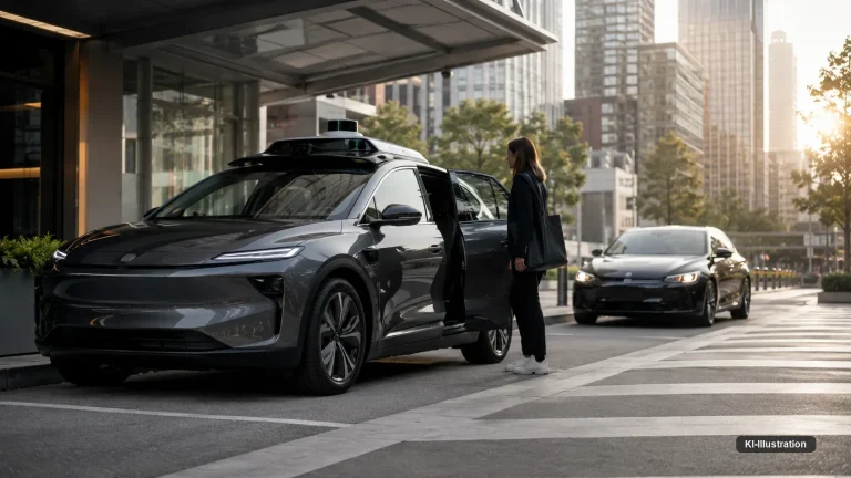 An einer städtischen Abholzone steht ein sensorbestücktes autonomes Fahrzeug mit geöffneter Tür; dahinter wartet ein zweites Fahrzeug mit Fahrer am Steuer, eine Person geht auf das vordere zu.