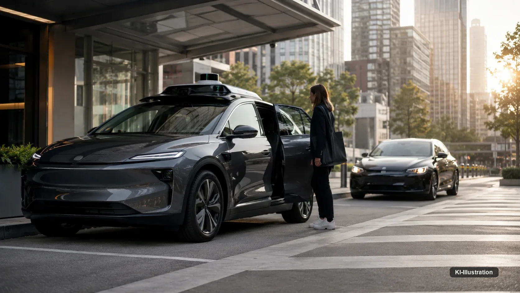 An einer städtischen Abholzone steht ein sensorbestücktes autonomes Fahrzeug mit geöffneter Tür; dahinter wartet ein zweites Fahrzeug mit Fahrer am Steuer, eine Person geht auf das vordere zu.