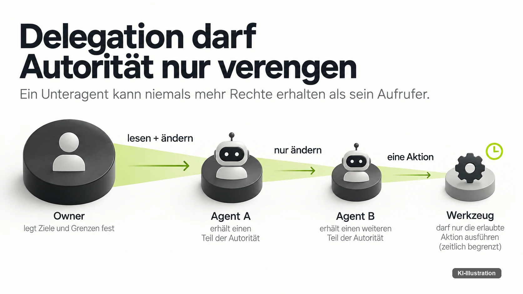 Ein Unteragent kann nie mehr Rechte erhalten als sein Aufrufer — vom Owner ueber Agent A und Agent B bis zum Werkzeug darf die Befugnis mit jeder Delegation nur enger werden.