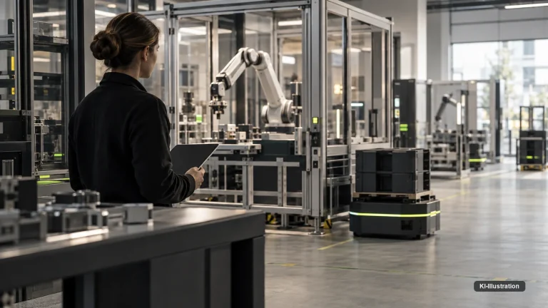 Techniker kniet an einem Serverschrank, zwei Kollegen beobachten mit Tablet.