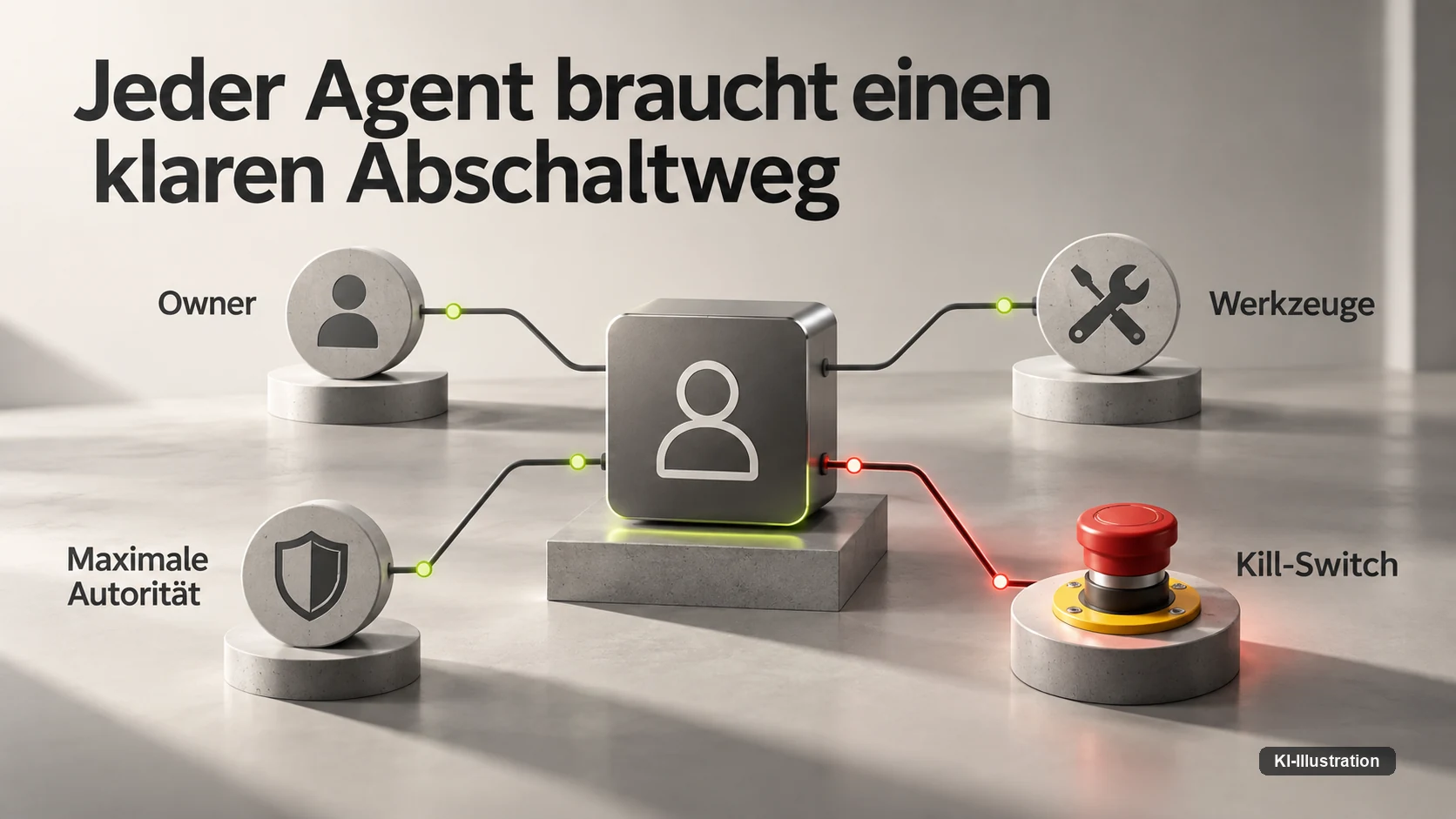 Vom Owner mit maximaler Autoritaet fuehrt ein eigener, kurzer Weg zum Kill-Switch — unabhaengig von den regulaeren Werkzeugpfaden des Agenten.