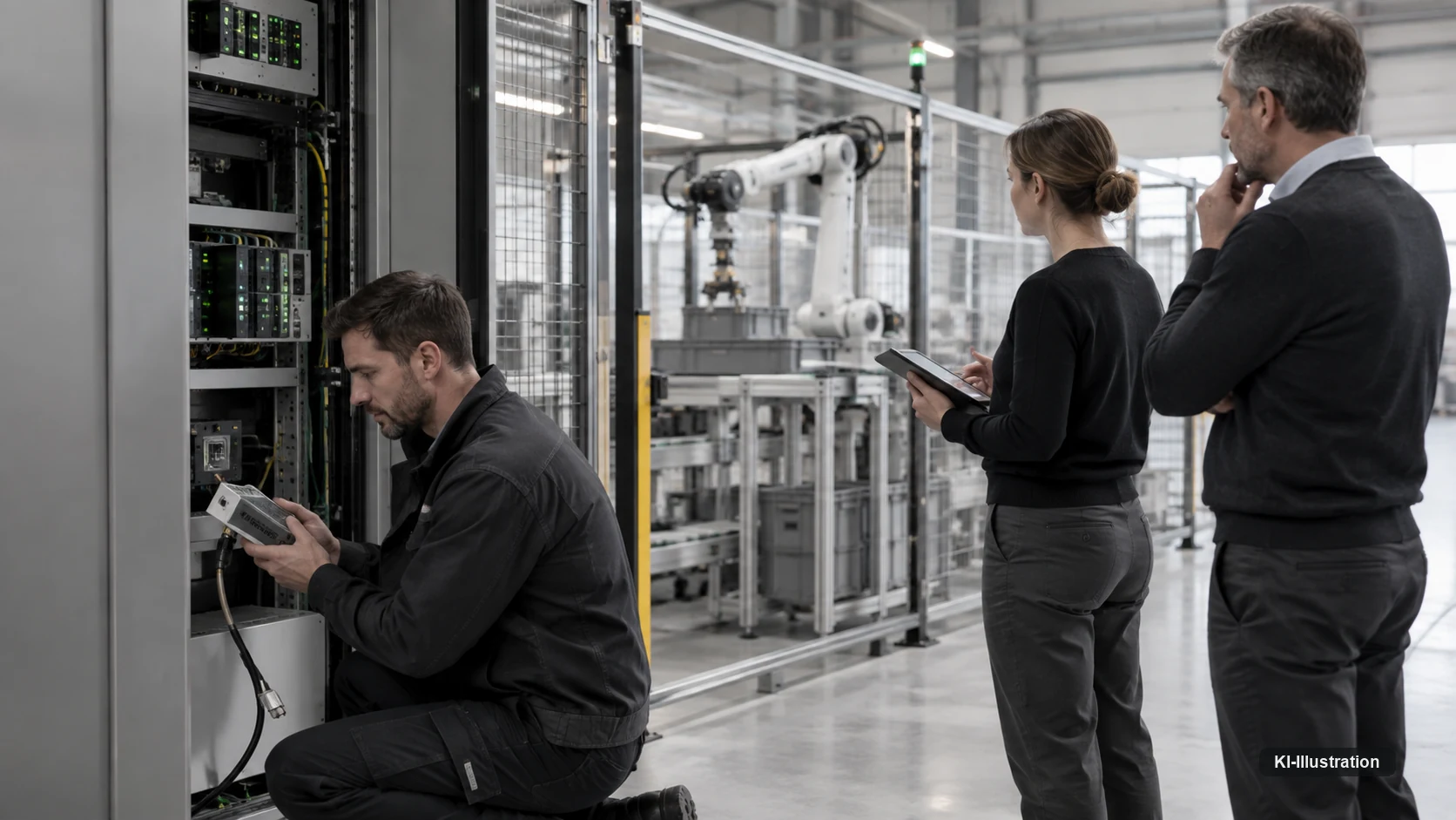 Techniker kniet an einem Serverschrank, zwei Kollegen beobachten nachdenklich, im Hintergrund ein Roboterarm.