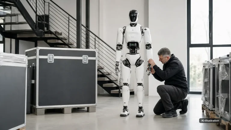 Zwei Personen stehen in einer hellen Halle vor einer humanoiden Robotergestalt und reichen einander einen Transportkoffer