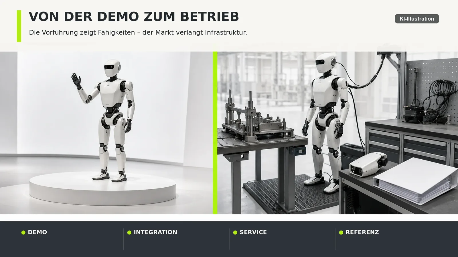 Zweispaltiges Schaubild, links eine Vorführung vor Publikum, rechts eine wiederkehrende Arbeitsaufgabe an einer Linie
