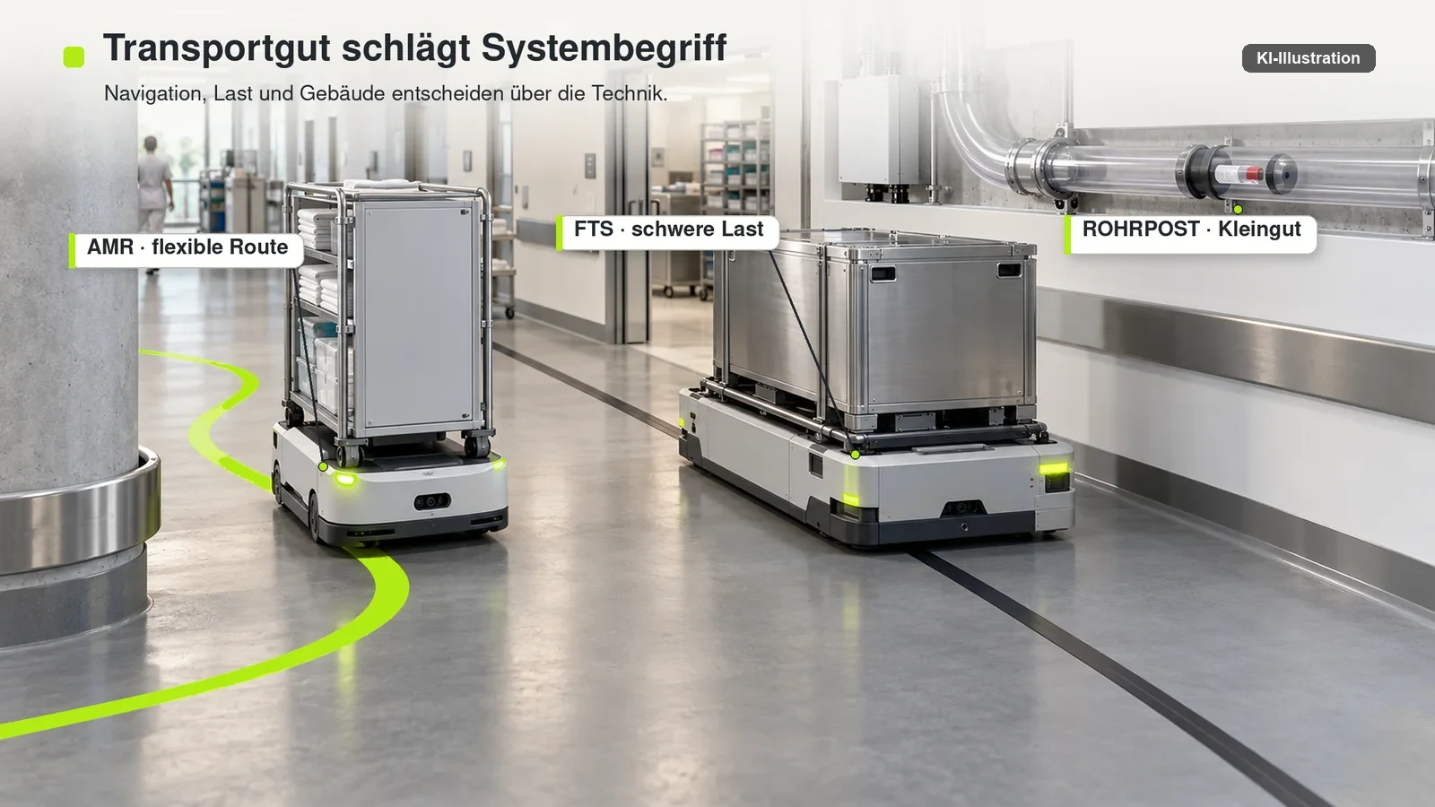 Flexibler AMR, schwer beladenes FTS und Rohrpostanlage transportieren unterschiedliche Güter im Krankenhaus.
