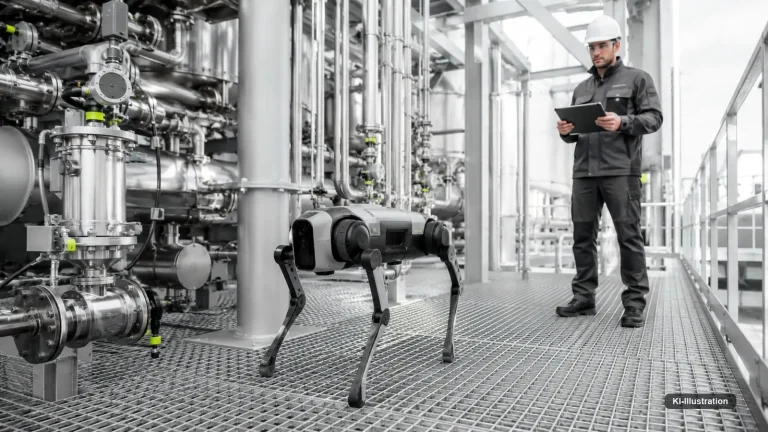 Vierbeiniger Inspektionsroboter auf Gitterrost in einer Industrieanlage, eine Fachkraft mit Tablet steht im Hintergrund.