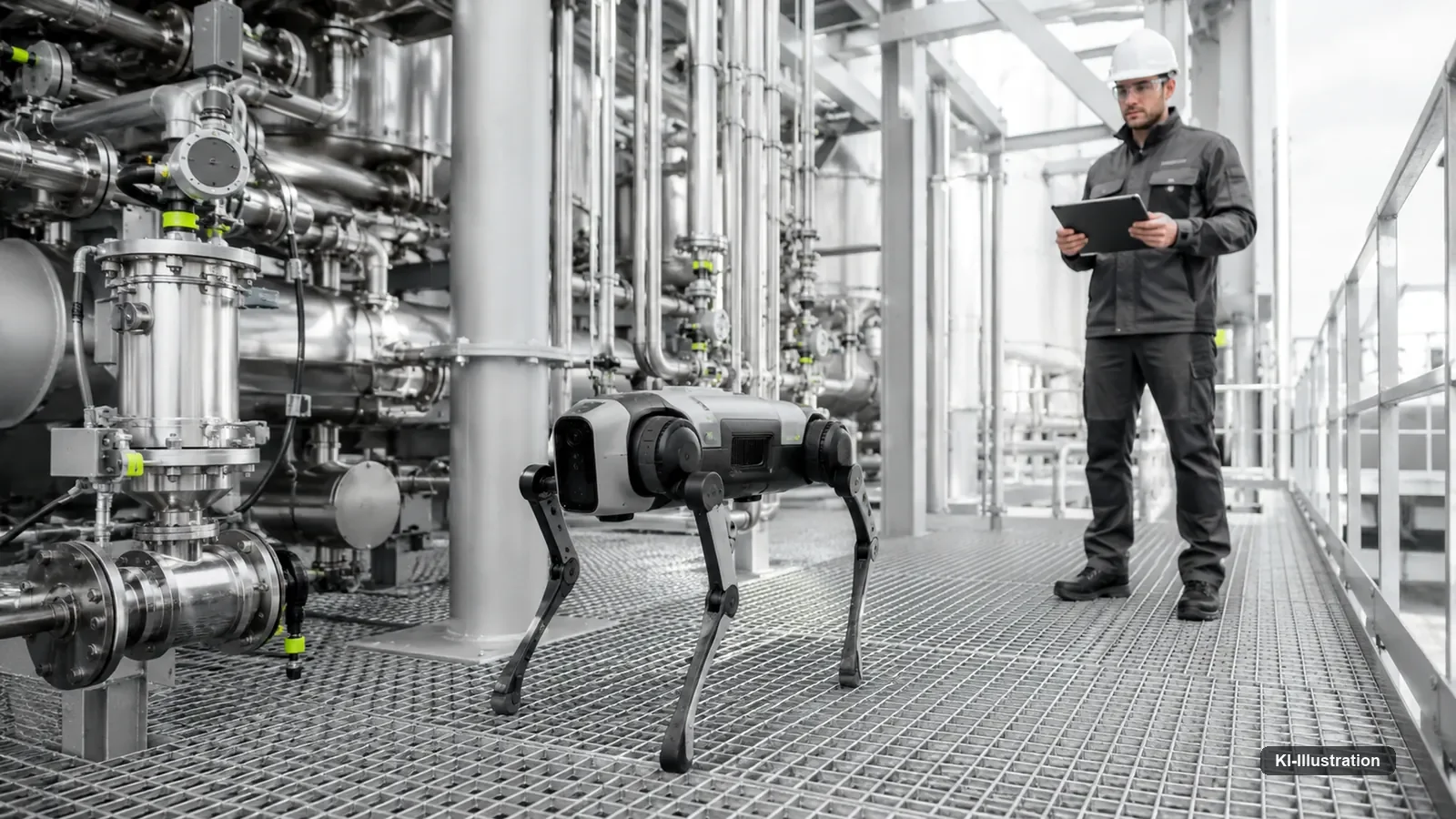 Vierbeiniger Inspektionsroboter auf Gitterrost in einer Industrieanlage, eine Fachkraft mit Tablet steht im Hintergrund.