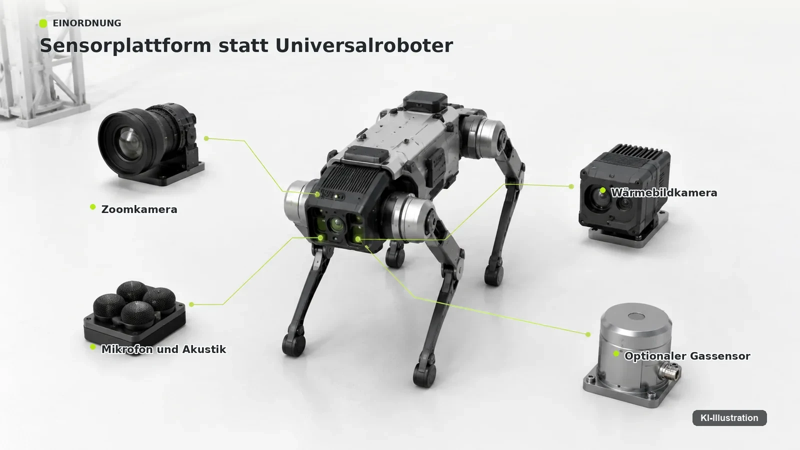 Laufroboter mit separat dargestellten Komponenten für Zoomkamera, Wärmebildkamera, Mikrofon und optionalen Gassensor.