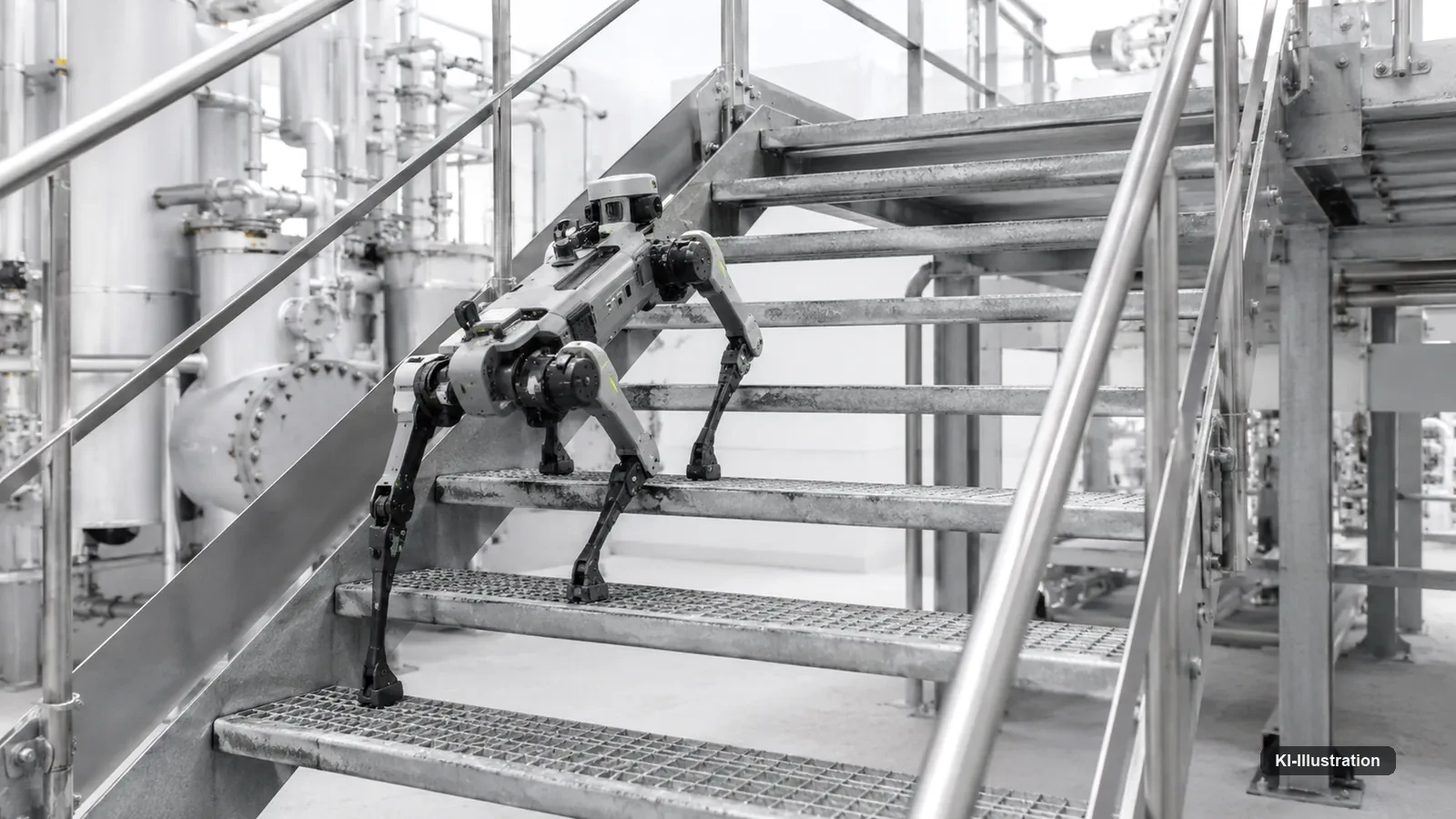Laufroboter steigt eine industrielle Gitterrosttreppe hinauf, Rohrleitungen und Geländer umgeben ihn.