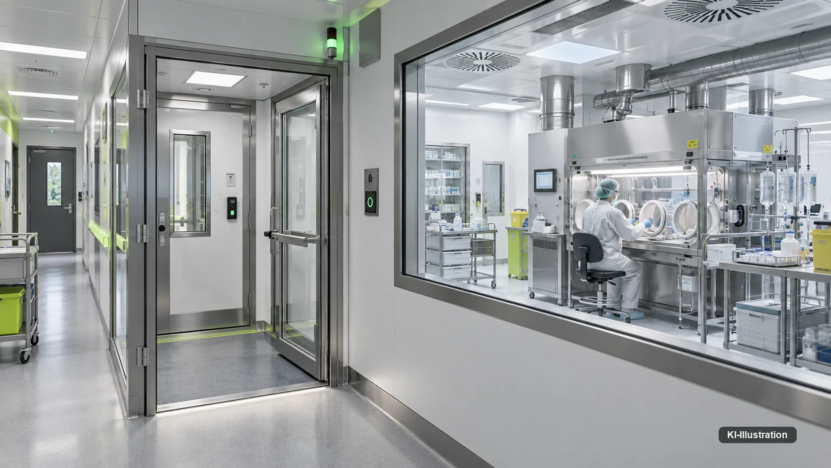 Reinraumkorridor einer Krankenhausapotheke mit offener Personalschleuse und Statusanzeige, hinter einer Scheibe arbeitet eine Person am Isolator.
